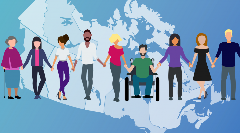 Illustration of arthritis patients holding hands in front of the map of canada